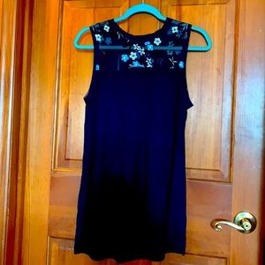 Blue sleeveless top, shear top with flowers